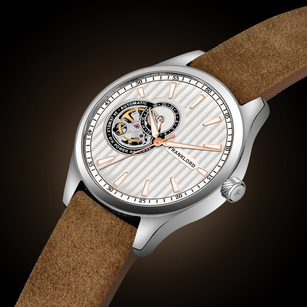 Elegant display of Regal Sapphire Mechanic's Eye - Cocoa Vintage with vintage cocoa leather strap and open-heart dial.