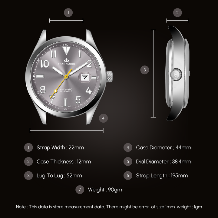 Lug to lug, strap width, case diameter, case thickness, strap length and weight measurements data of Franklord Regal Sapphire Steel Blaze Automatic Watch